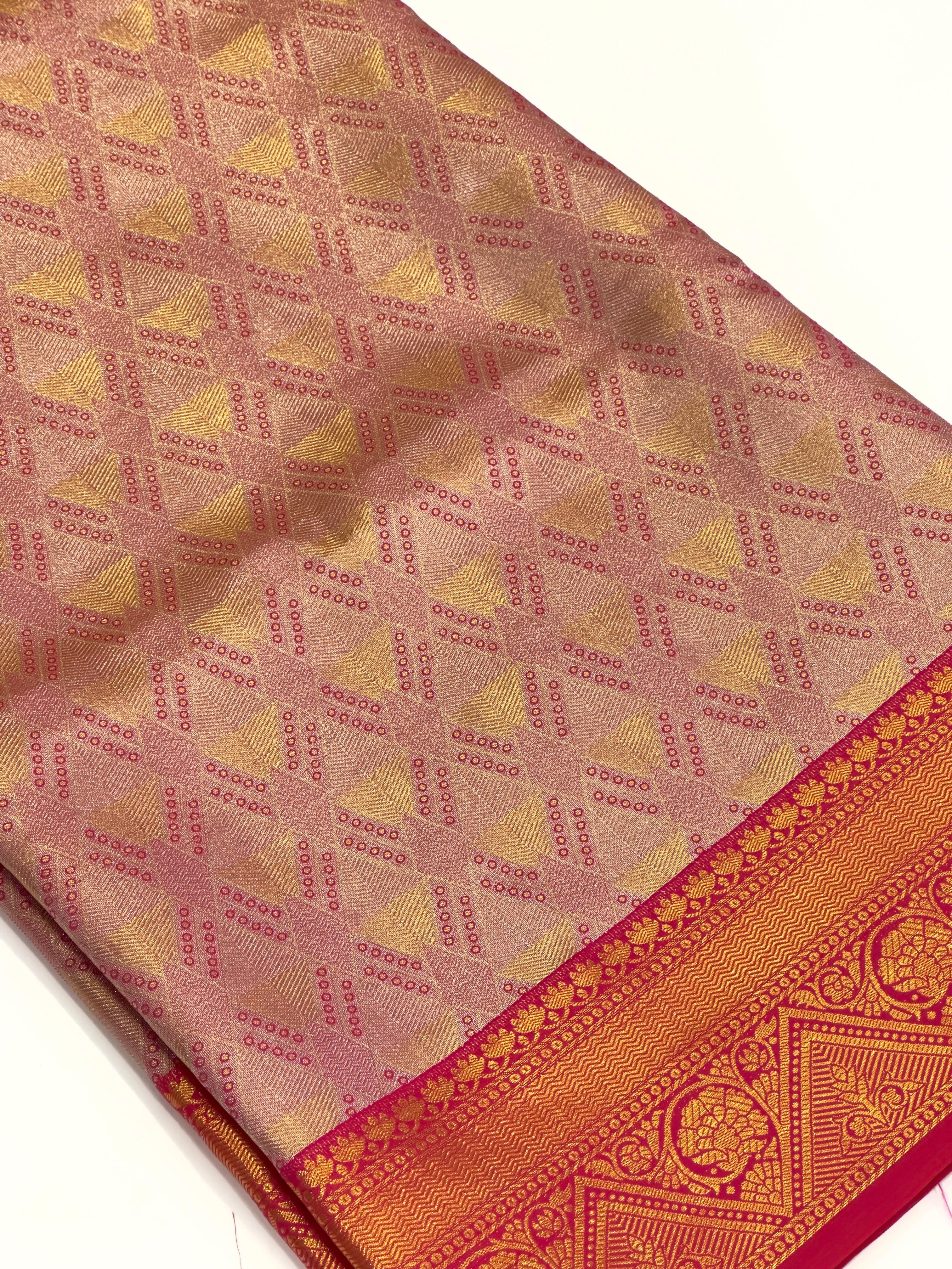 Pink Golden Geometrics With Floral Elegance Saree