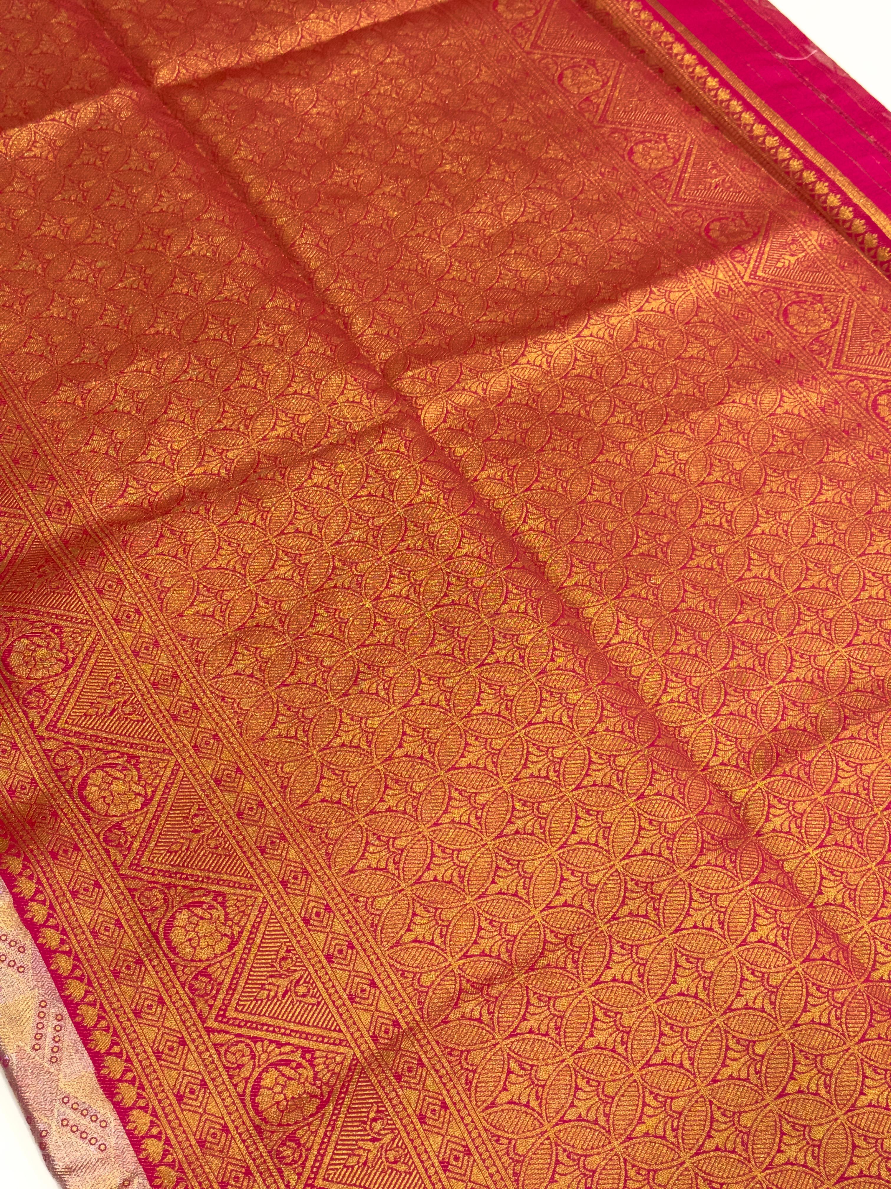 Pink Golden Geometrics With Floral Elegance Saree