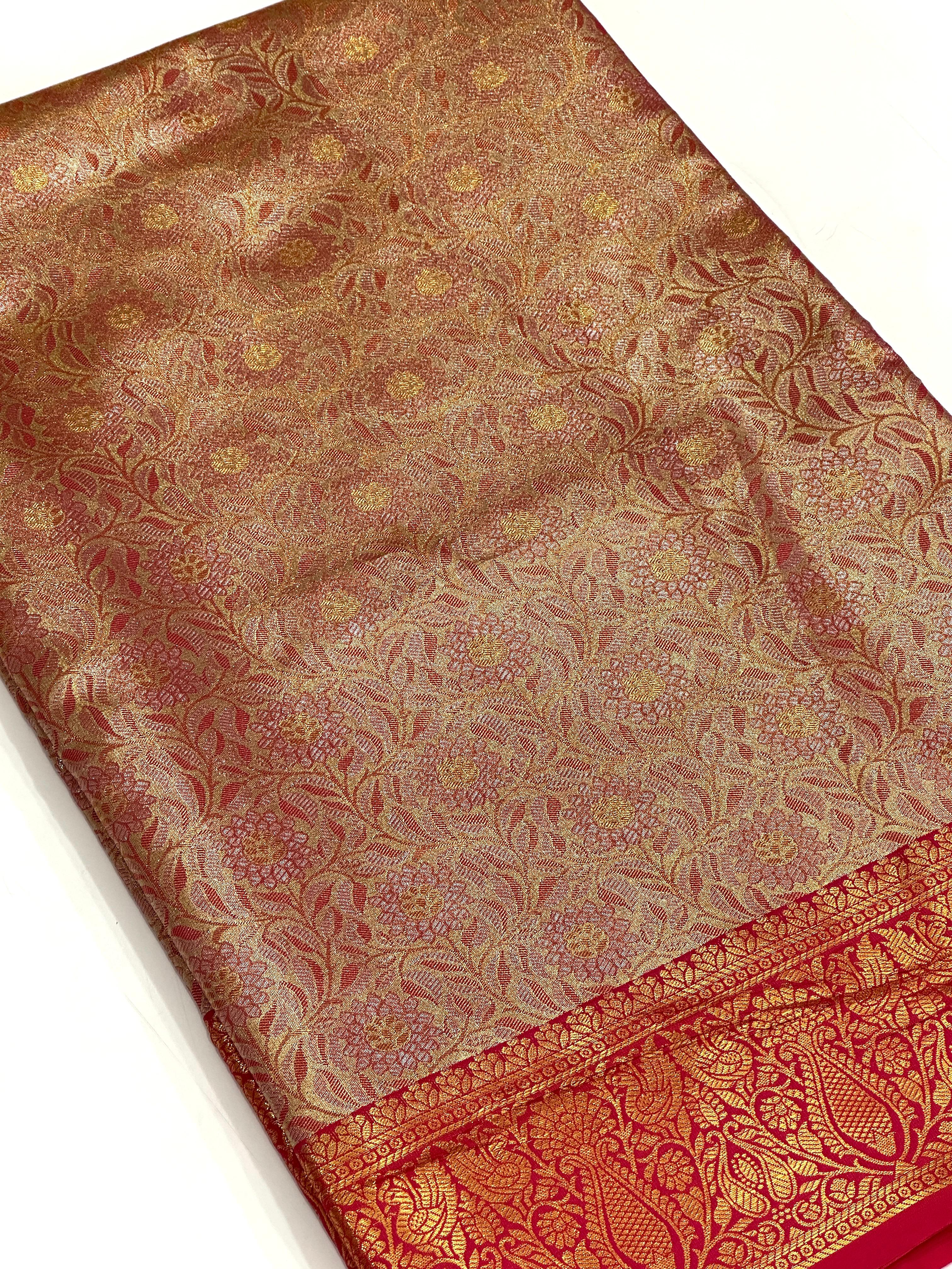 Gold Zari Floral Saree in Pink