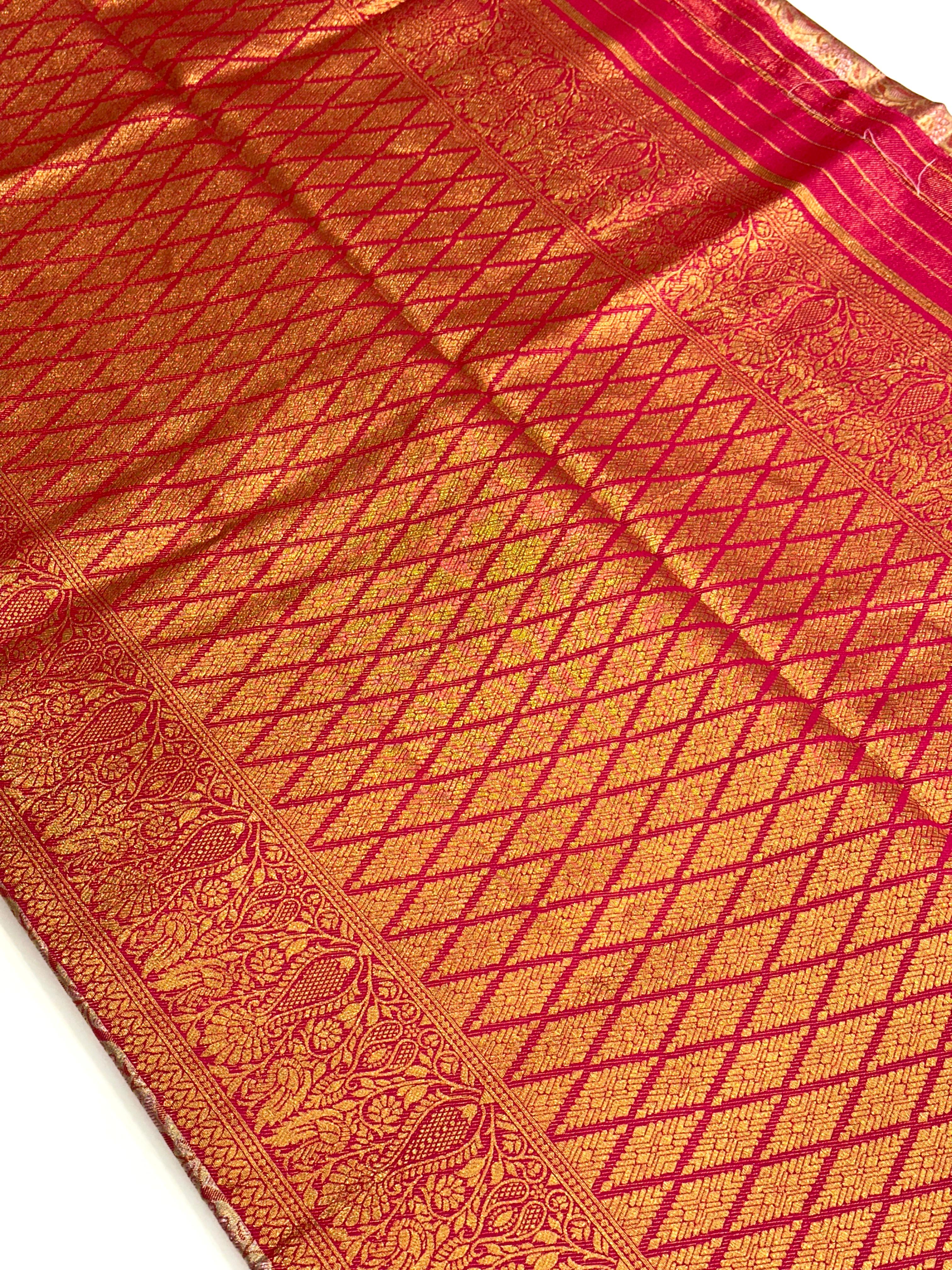 Gold Zari Floral Saree in Pink