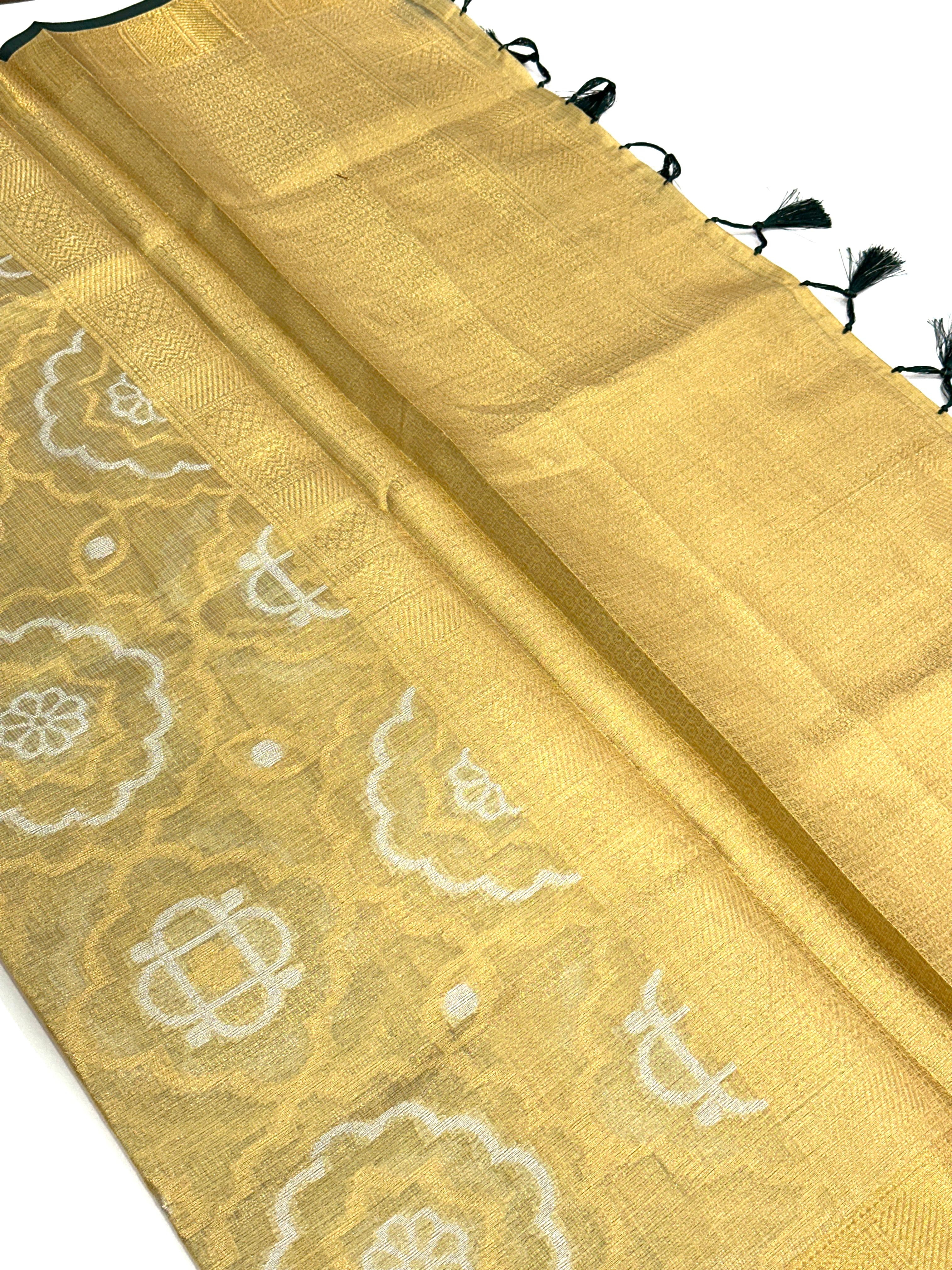 Minakari Floral Saree With Green Tassels