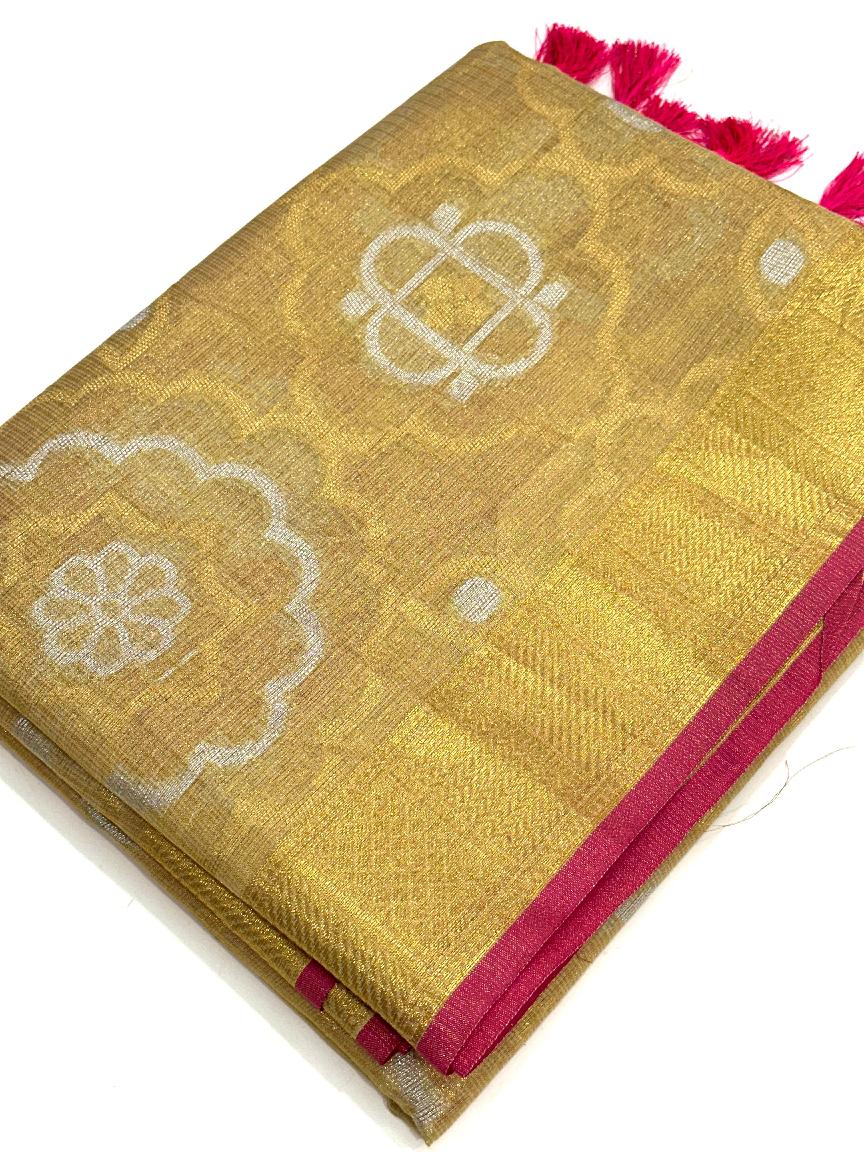 Minakari Floral Saree With Pink Tassels