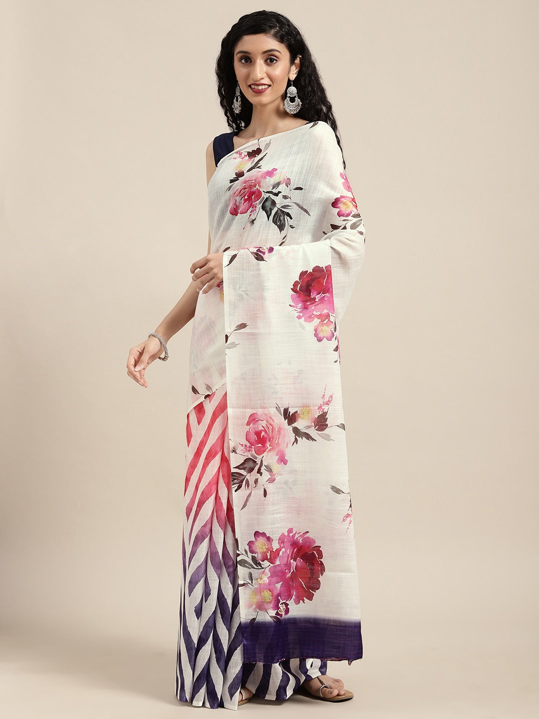 Beautiful Linen Floral Print Ikat Saree