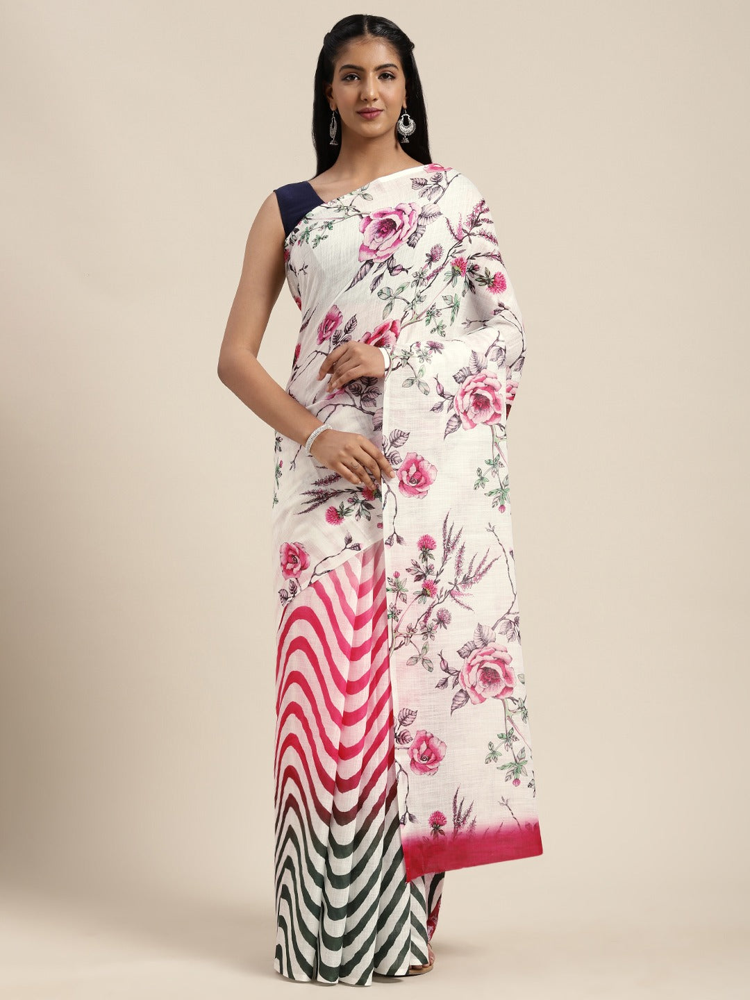 Beautiful Linen Floral Print With Ikat Saree