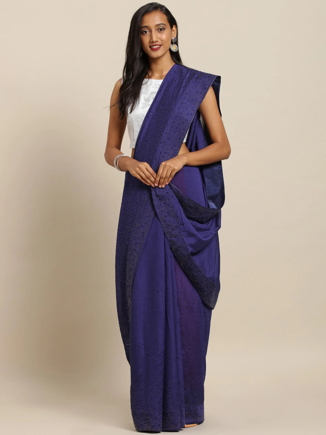 Stylish Navy Solid Print Saree with Embellished Border