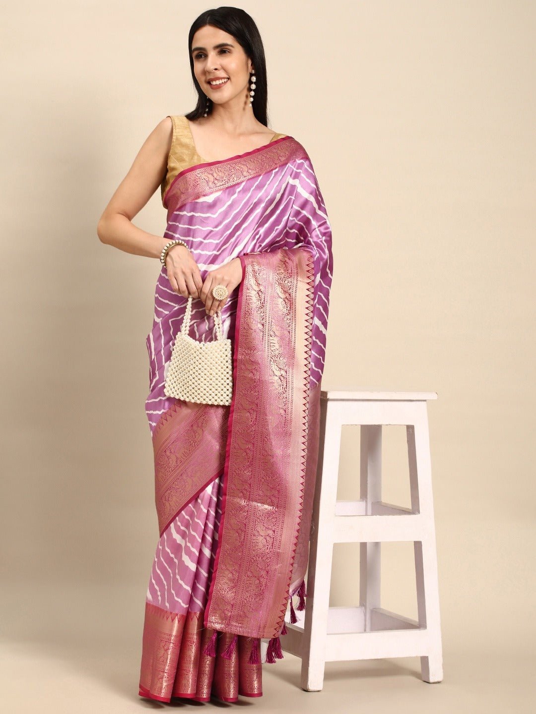  Zari Border Lehria Purple Colour Party Wear Saree