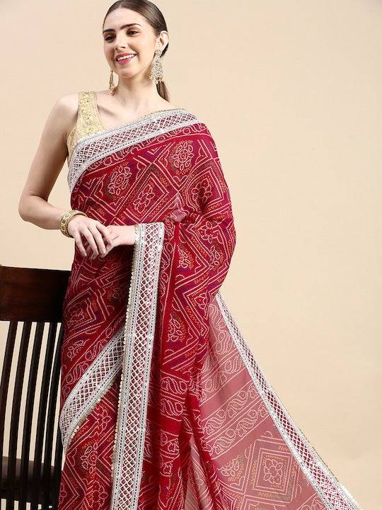 Model wearing Radiant Red Bandhani Printed Saree