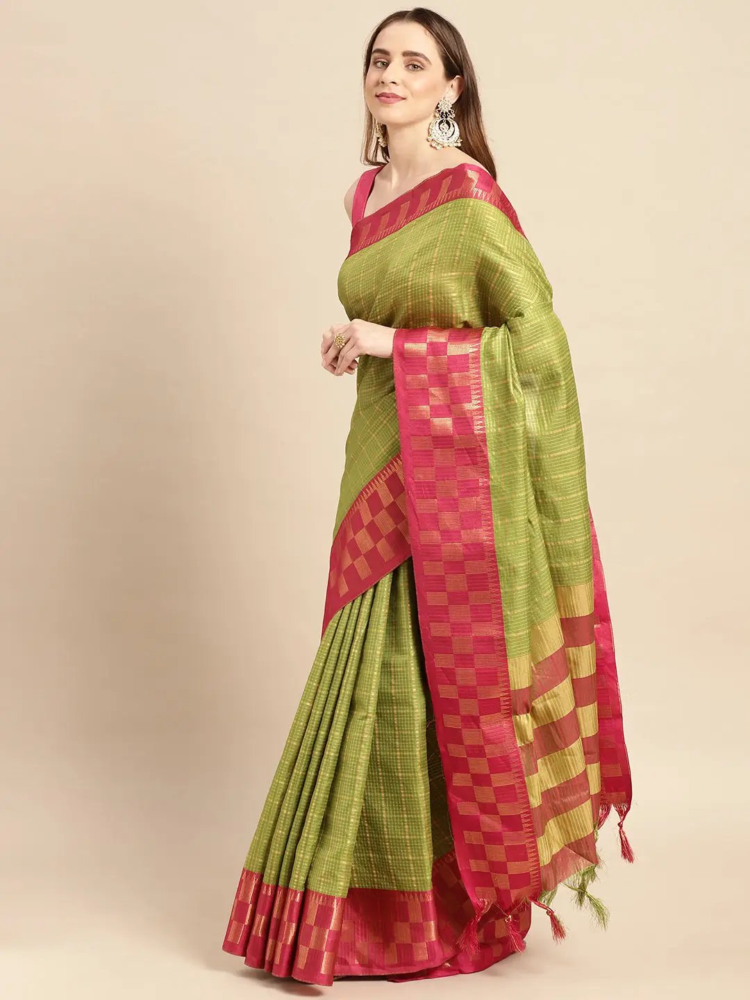 Trendy Olive Colour Woven Design Checked Saree 