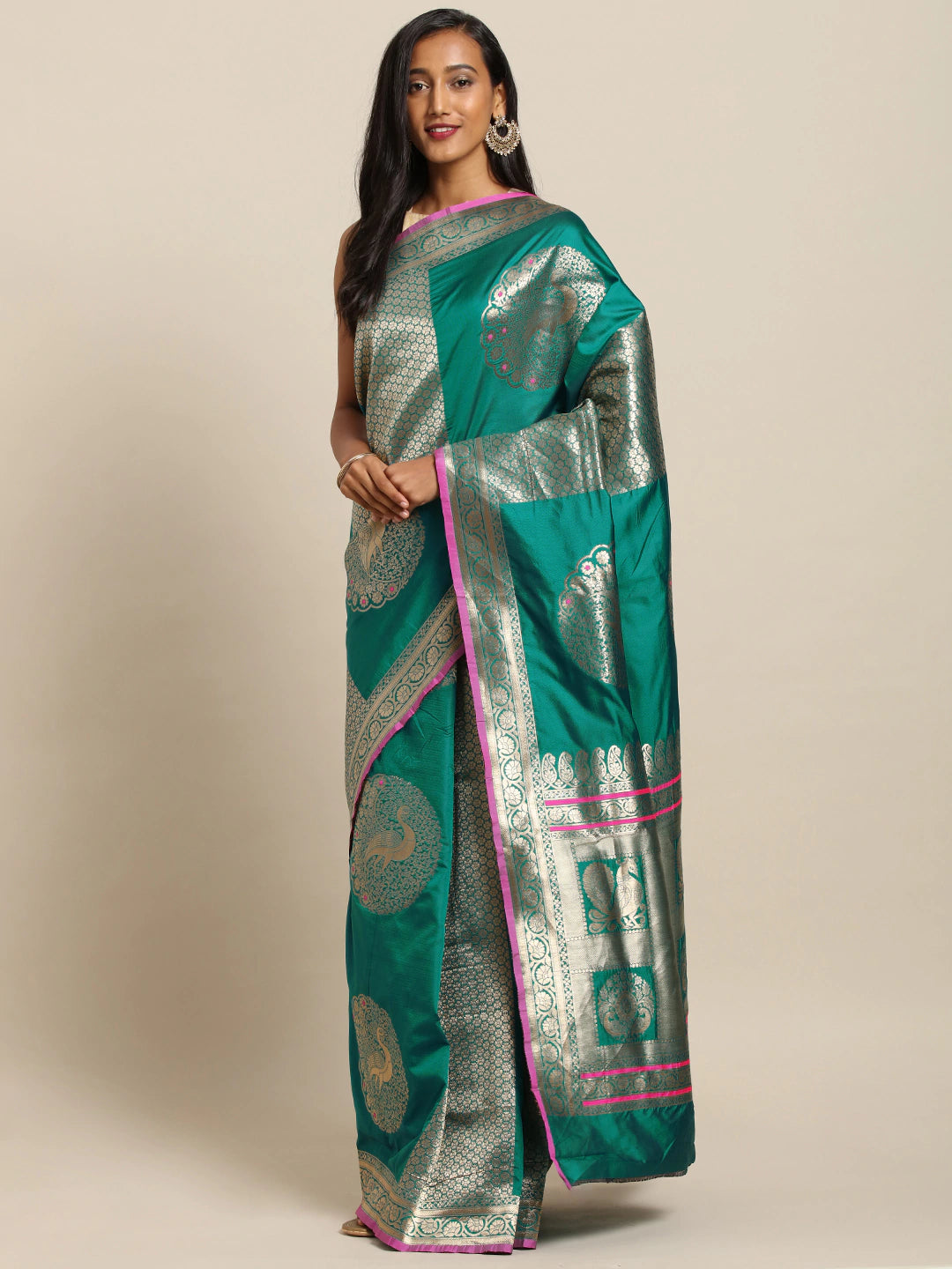 Stylish Banarasi Rama Colour Silk Woven Design Saree 