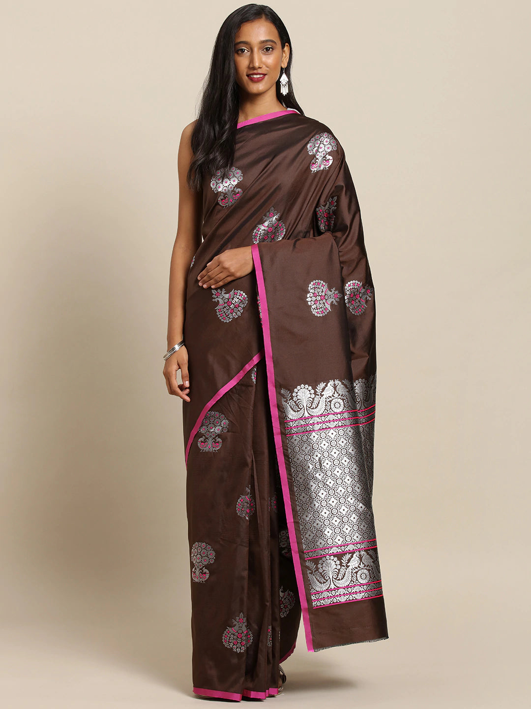 Banarasi Silk Saree in Coffee Brown with Ethnic Motifs