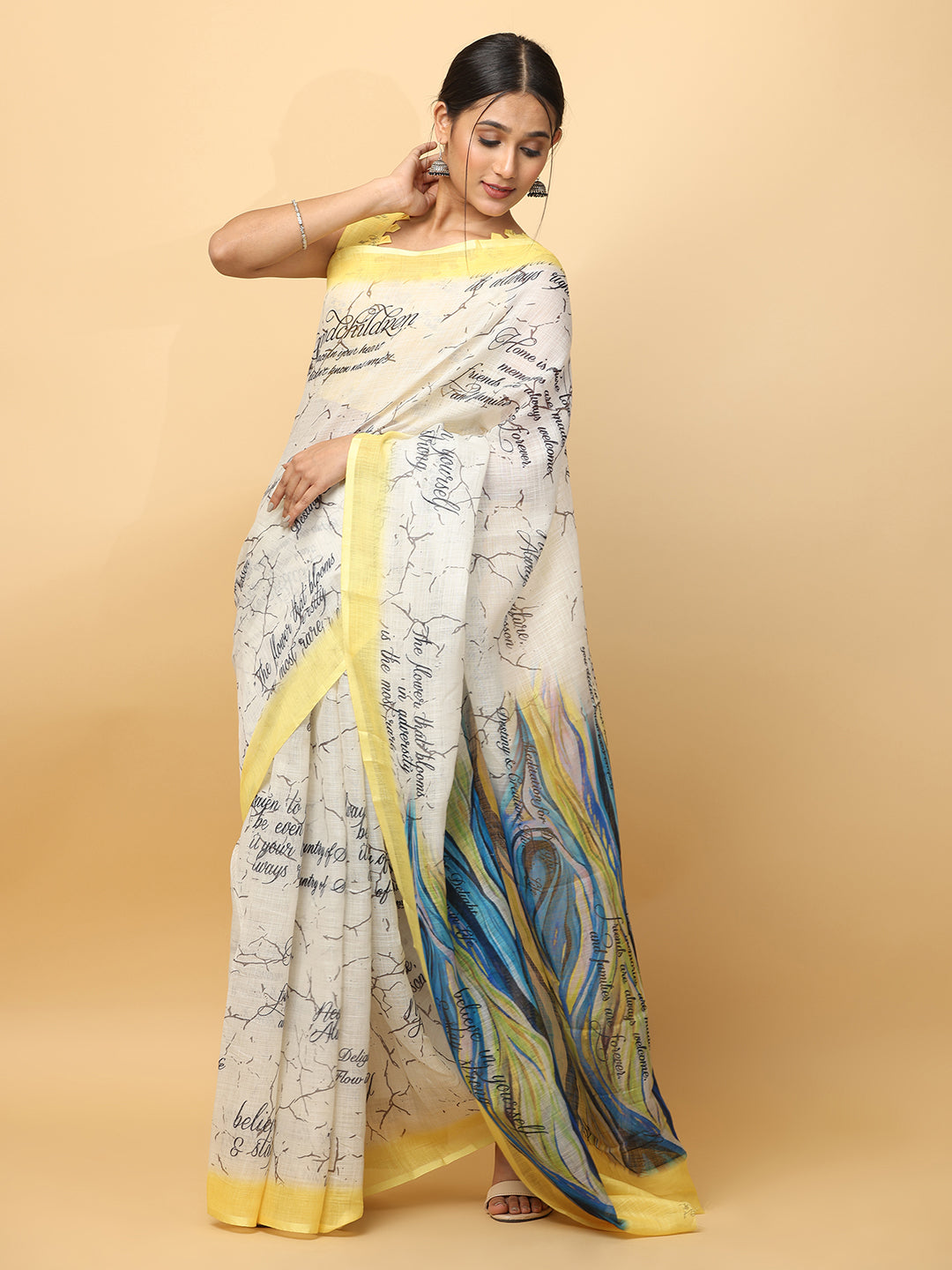 Latest Soft Linen News Paper Digital Print Saree 