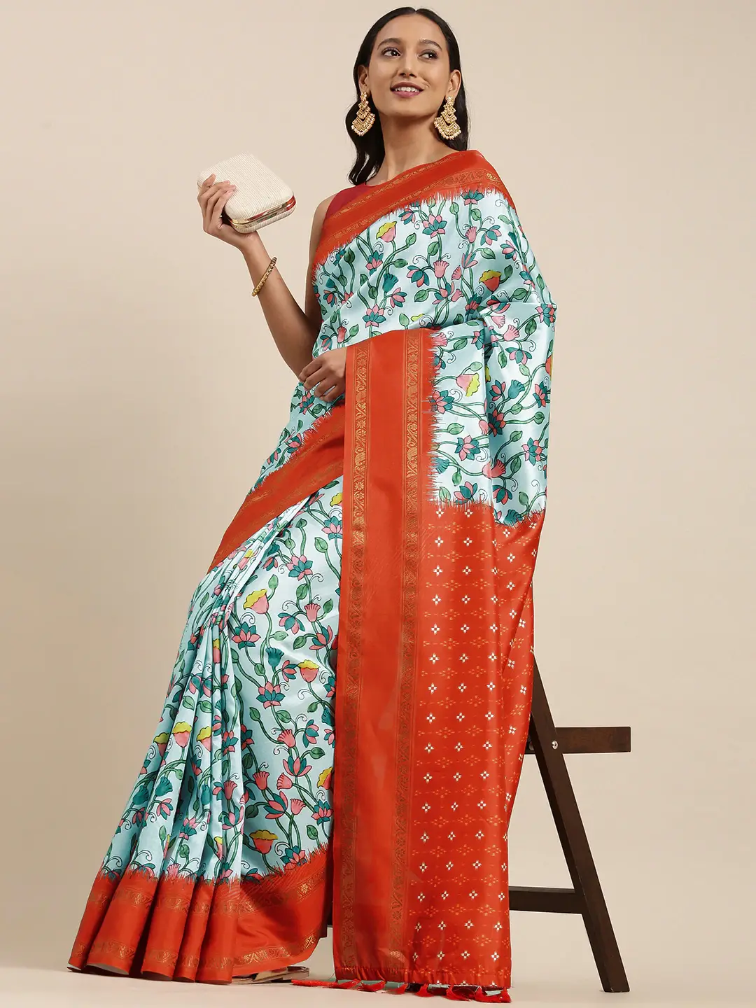 Soft Silk Kalamkari Saree With Digital Flower Print