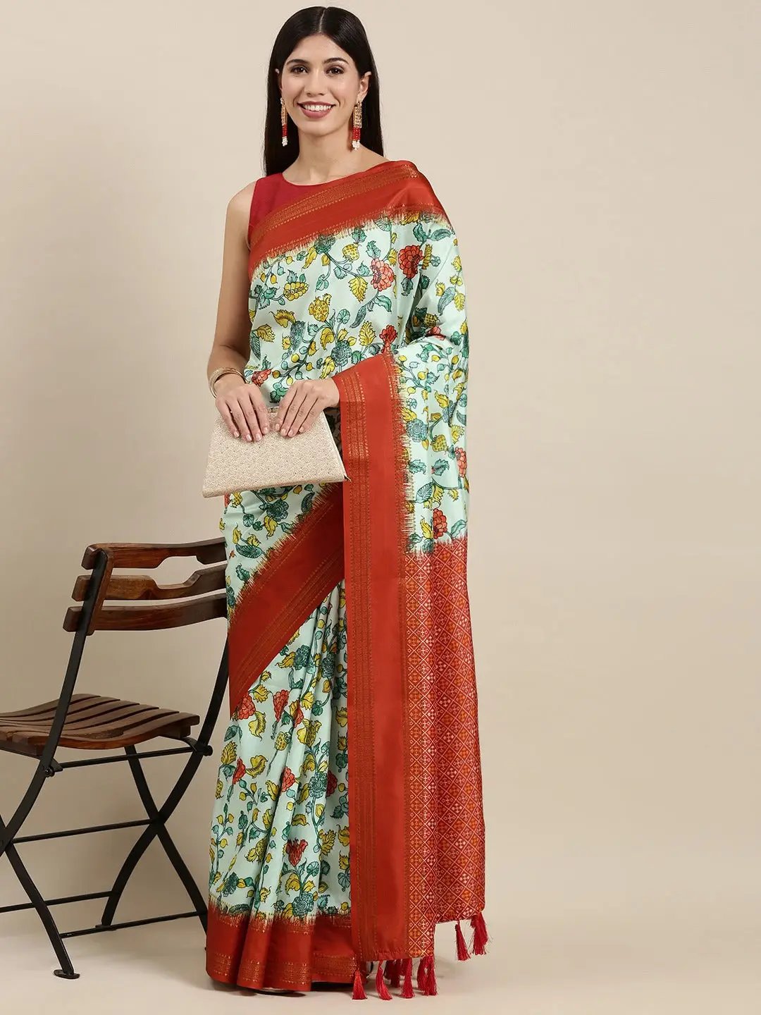 Soft Silk Kalamkari Saree With Digital Flower Print