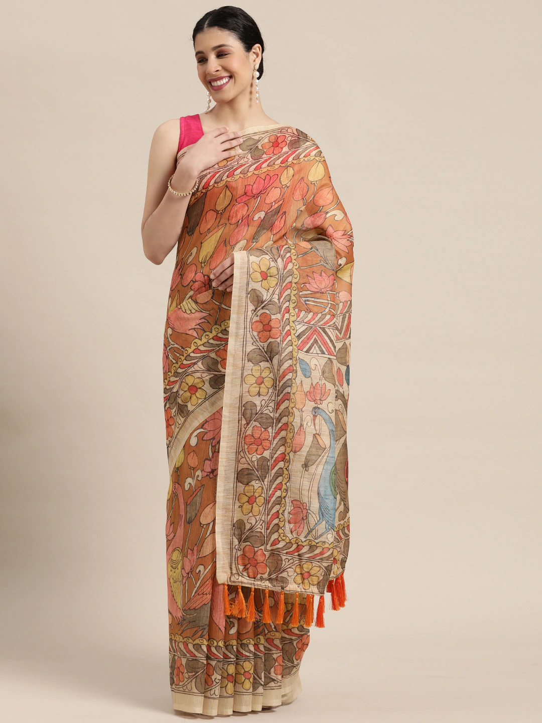 Digital Print Kalamkari Linen Saree