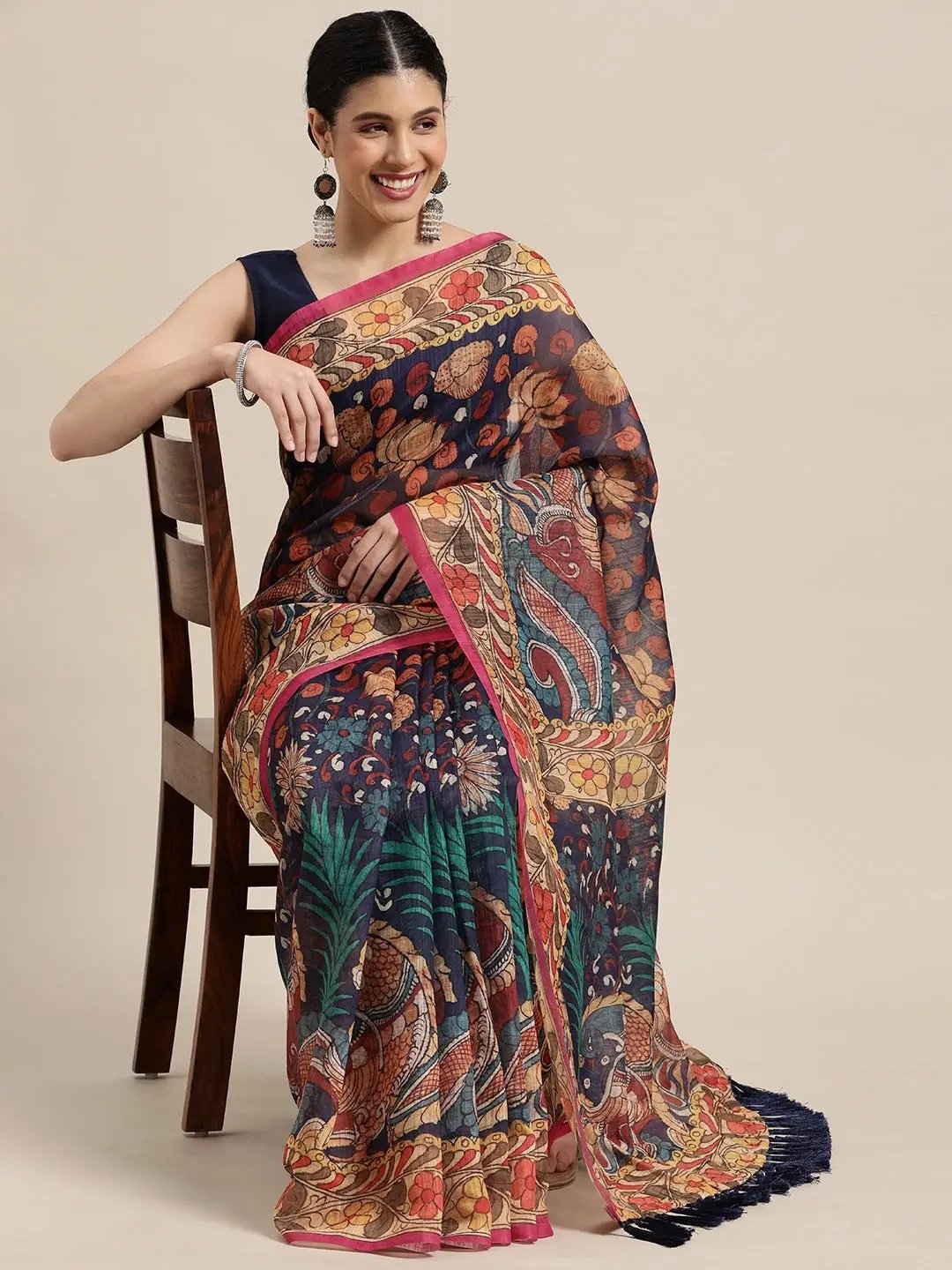 Digital Print Kalamkari Linen Saree