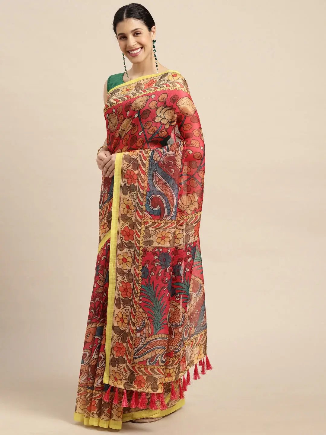 Digital Print Kalamkari Linen Saree