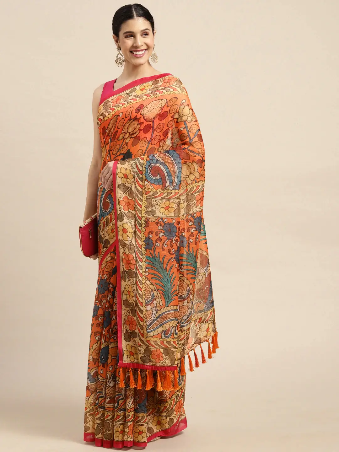 Digital Print Kalamkari Linen Saree